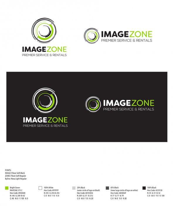 Final Imagezone Logo in portrait and landscape versions with fonts and colours listed.