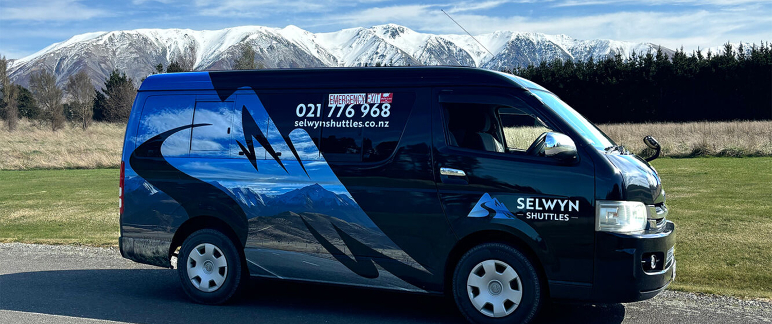 Selwyn Shuttles Van with snowy background
