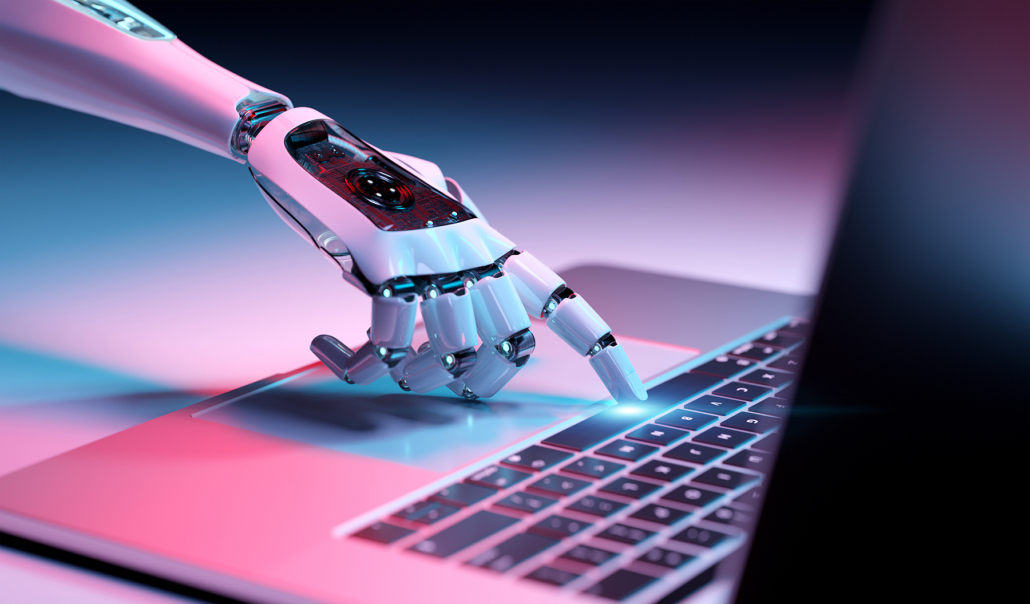 Robotic AI Hand typing on computer