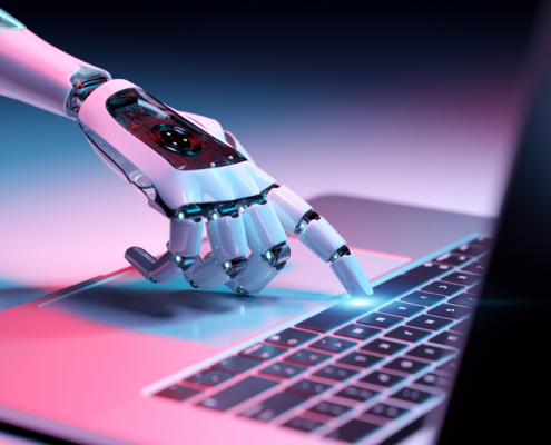 Robotic AI Hand typing on computer